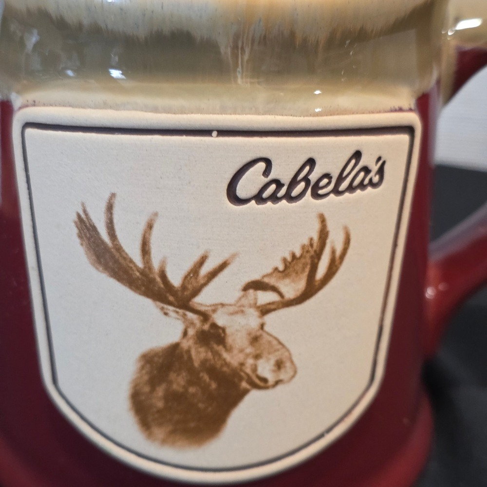 Cabelas Moose Relief Stoneware Coffee Mug Burgundy Red Tan 20oz Lodge 2018 - Picture 3 of 10